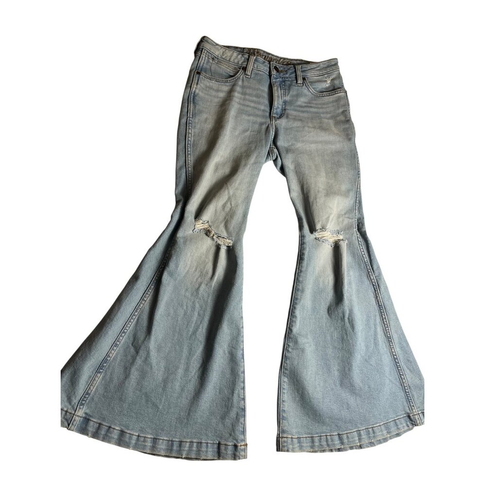 Wrangler High-Rise Flare Denim Jeans Trumpet Leg Distressed Light Wash 27x30 - Picture 6 of 16